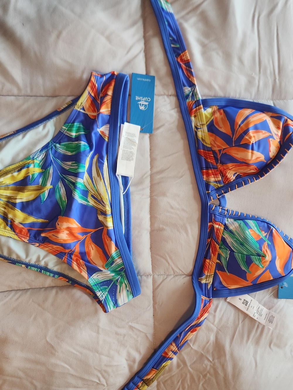 Cupshe Blue Tropical Floral Bikini Set with Orange & Green Leaves